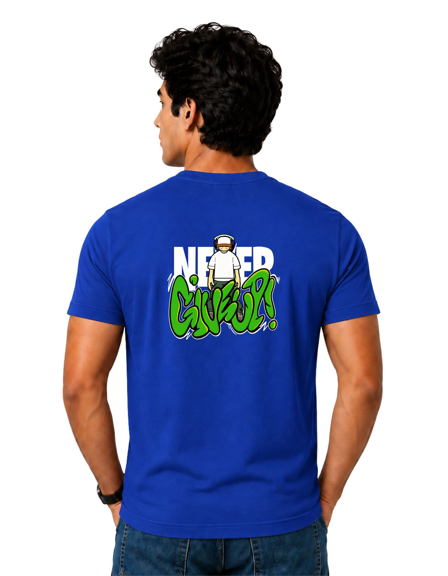 Never Give Up Graffiti Cotton Round Neck T-Shirt 180 GSM Royal Blue