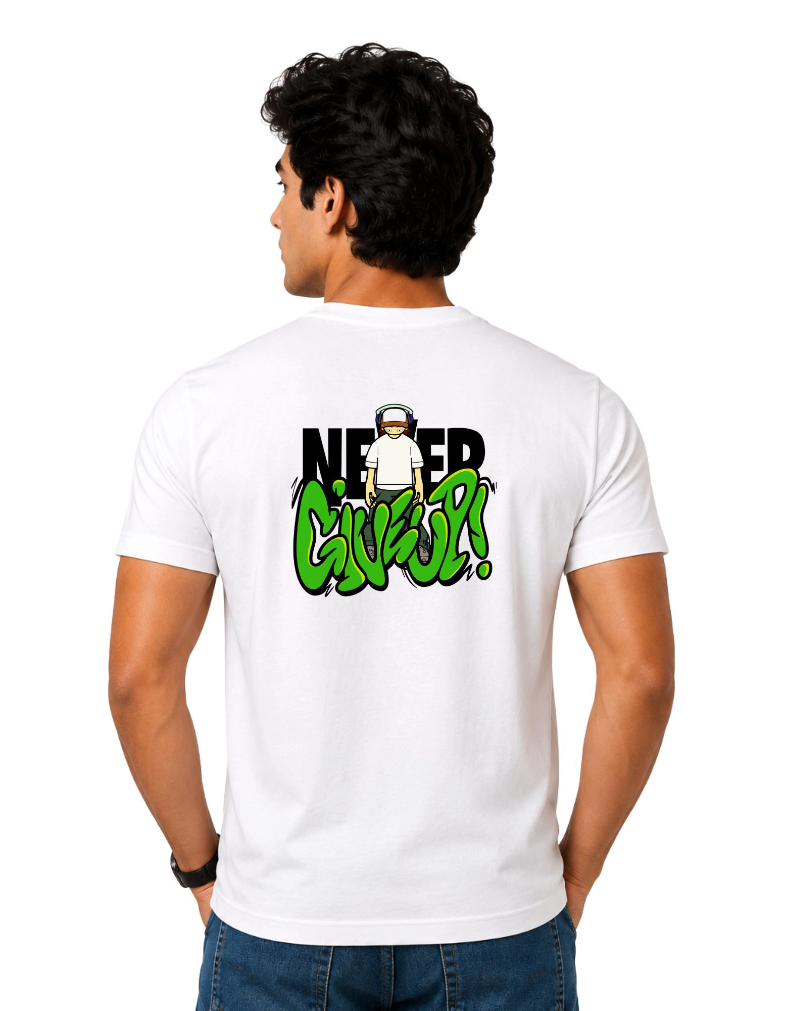 Never Give Up Graffiti Cotton Round Neck T-Shirt 180 GSM White