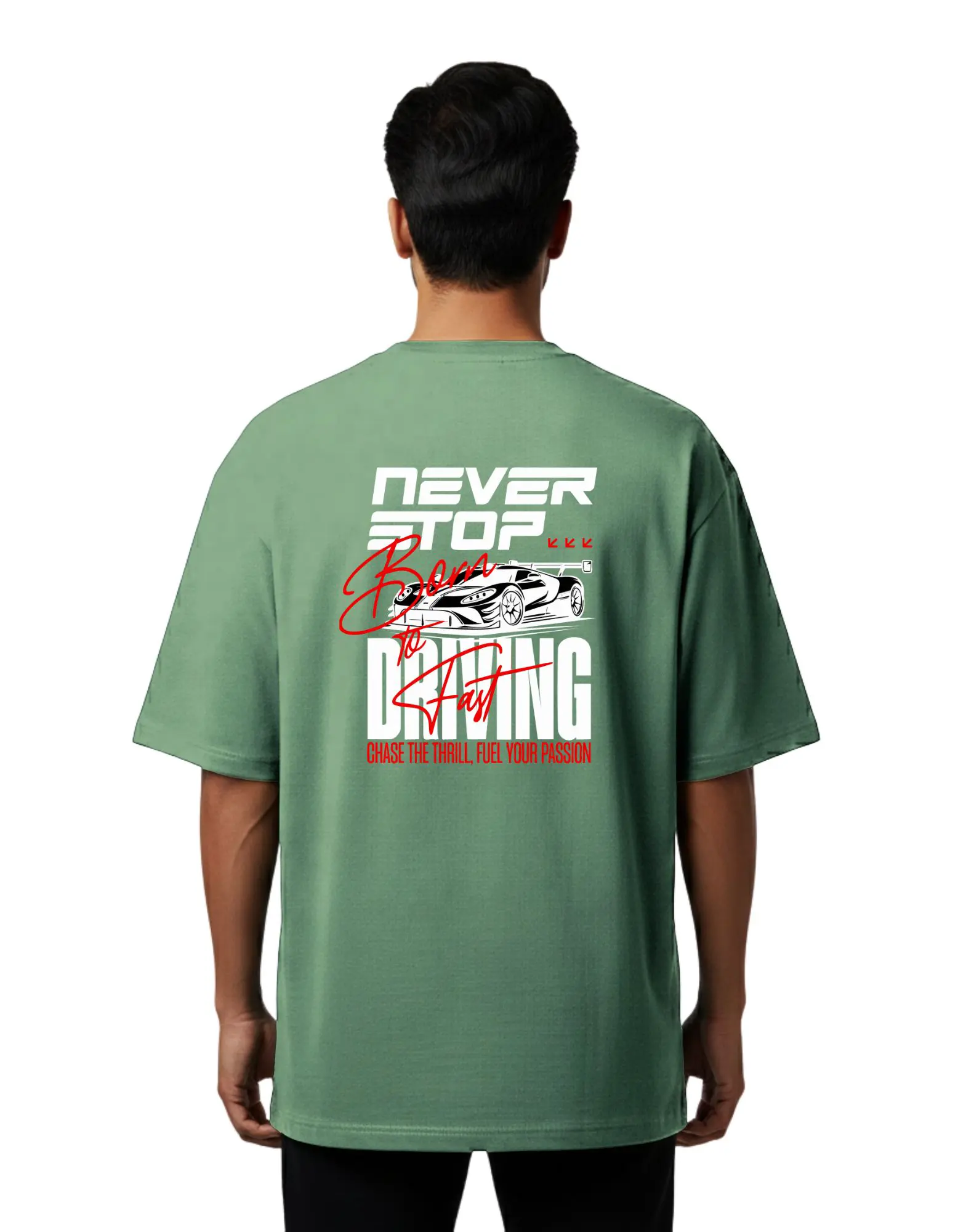 Never Stop Born to Racing Oversized Cotton French Terry T-Shirt 240 GSM D Green