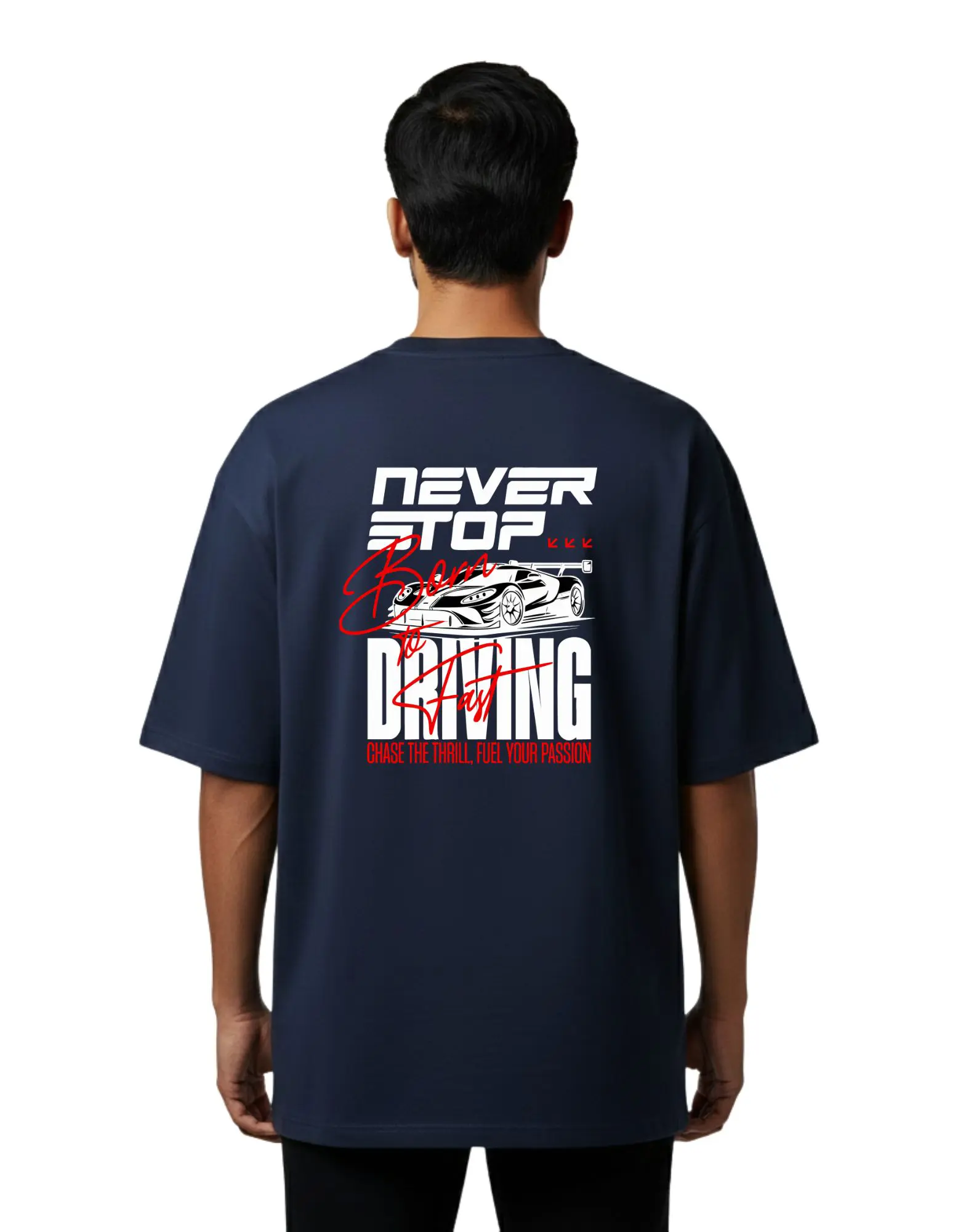 Never Stop Born to Racing Oversized Cotton French Terry T-Shirt 240 GSM Navy Blue