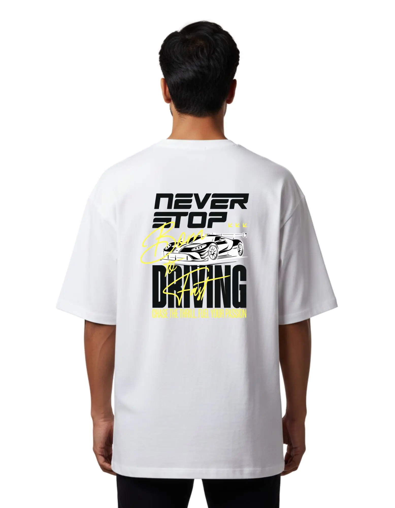 Never Stop Born to Racing Oversized Cotton French Terry T-Shirt 240 GSM White
