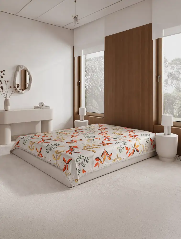 Off White Cotton Printed Double Bed King Size Bedsheet 