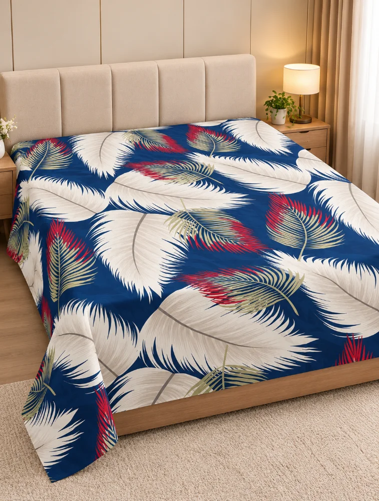 Off White Cotton Printed Double Bed King Size Bedsheet