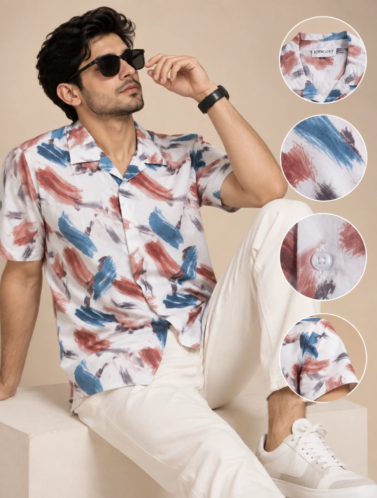 BharaniFashion Off White Multicolor Mens 100 percent cotton half sleeve printed shirt