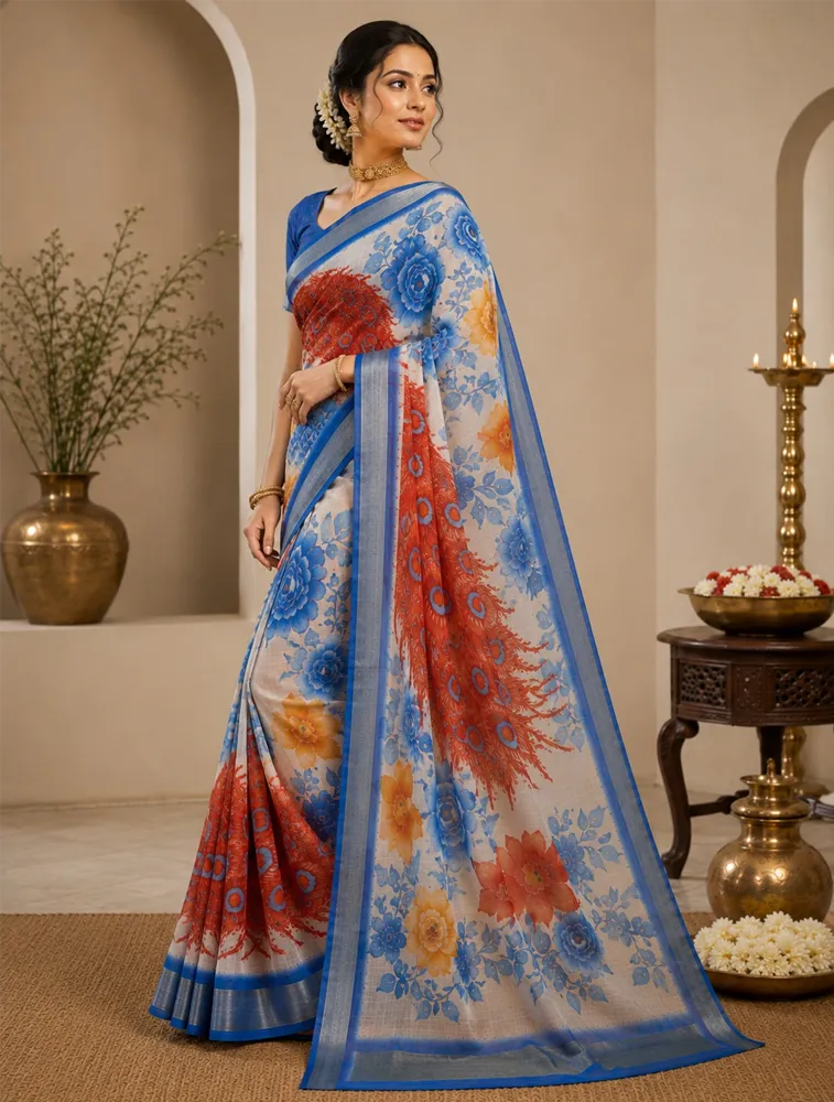 Off White Womens Premium Pure Linen Saree
