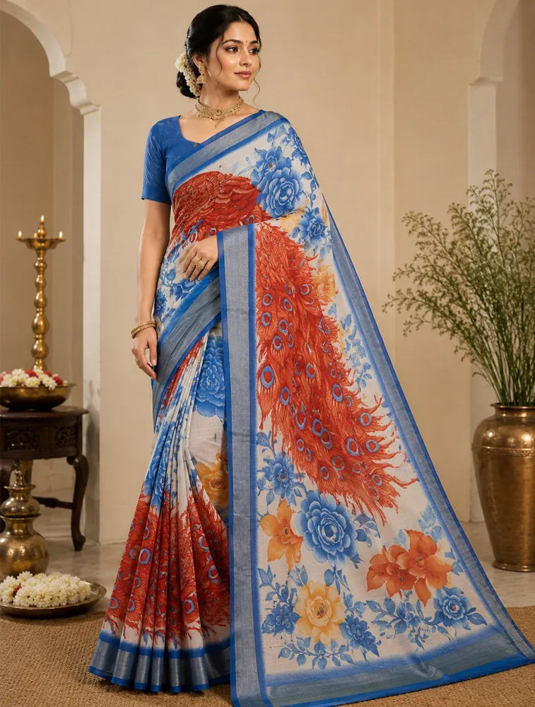 Off White Womens Premium Pure Linen Saree — bulk from ₹1850