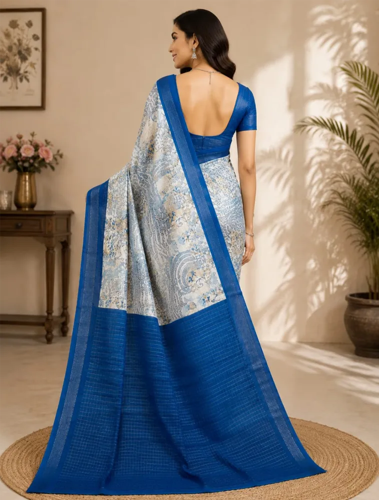 Off White Womens Printed Luxury Soft Jari Silk Sarees