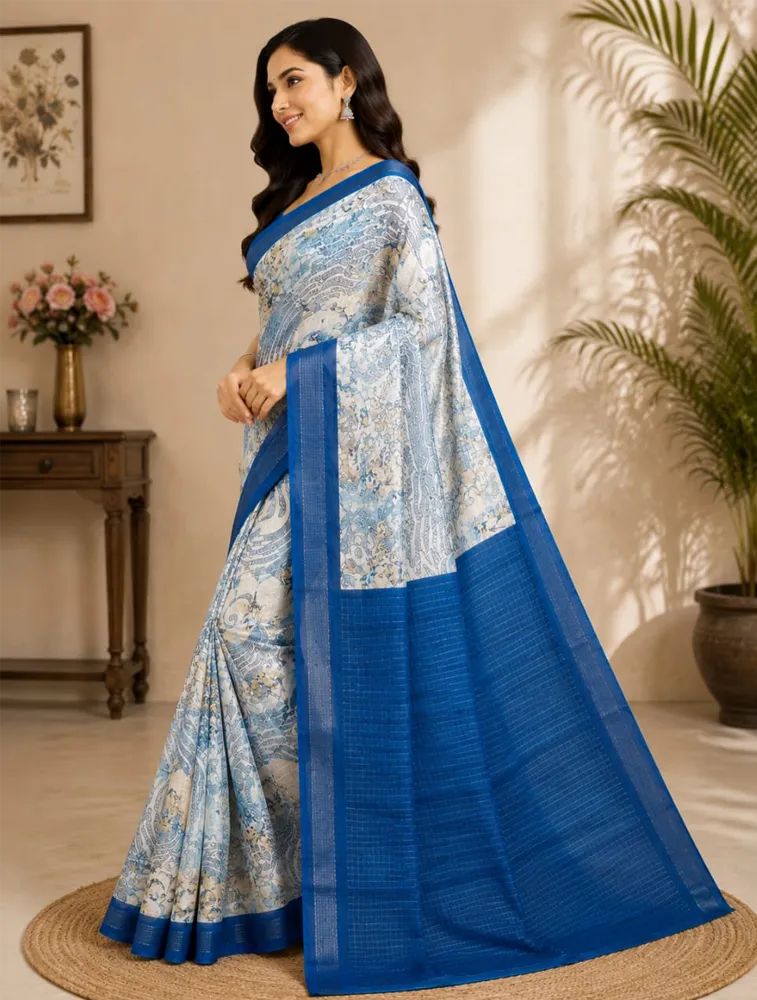 Off White Womens Printed Luxury Soft Jari Silk Sarees — bulk from ₹1207