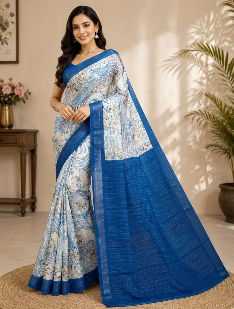 Off White Womens Printed Luxury Soft Jari Silk Sarees — bulk from ₹1207