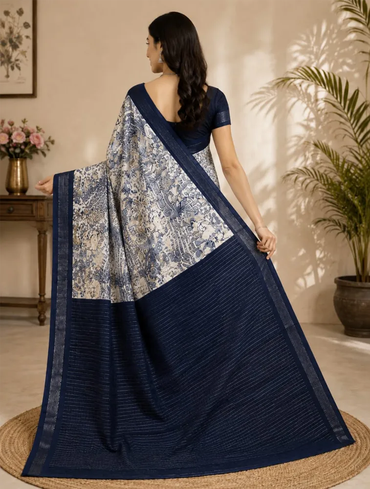Off White Womens Printed Luxury Soft Jari Silk Sarees