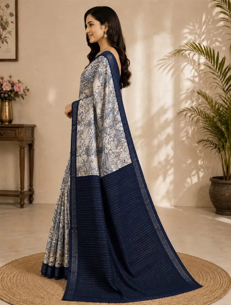 Off White Womens Printed Luxury Soft Jari Silk Sarees — bulk from ₹1685