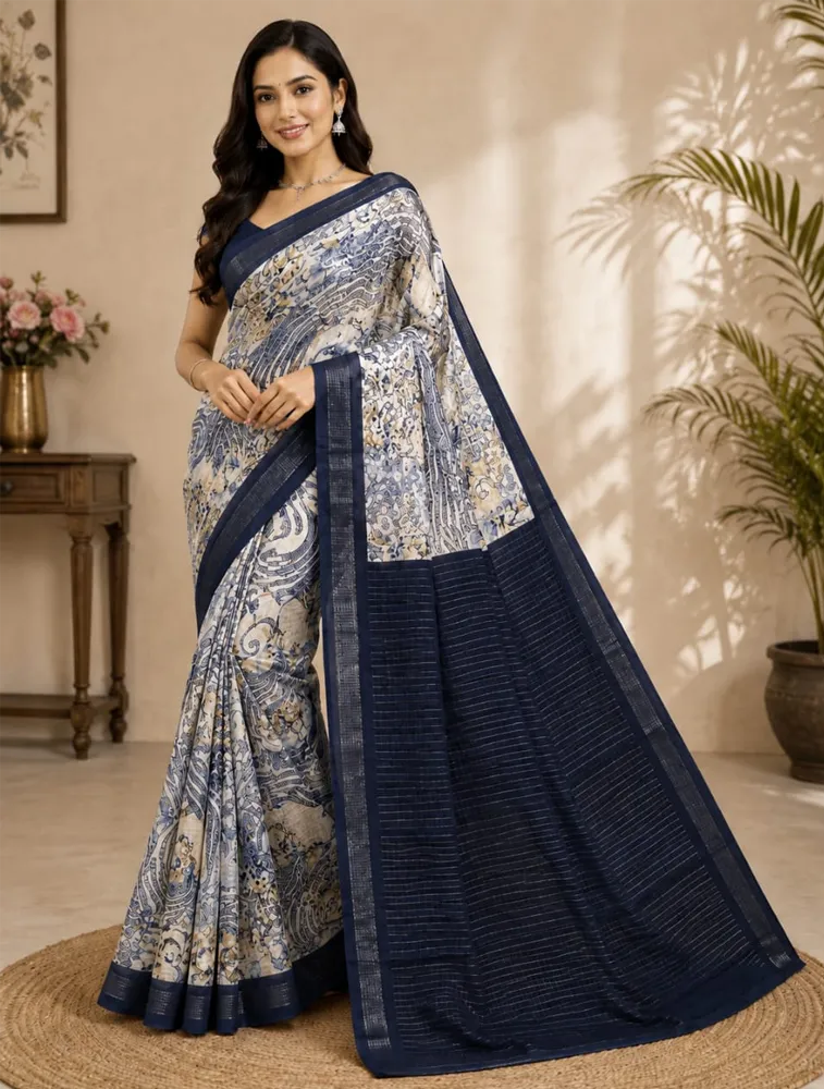Off White Womens Printed Luxury Soft Jari Silk Sarees — bulk from ₹1685