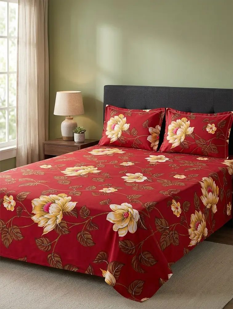 Oil Red Cotton Printed Double Bed Queen Size Bedsheet