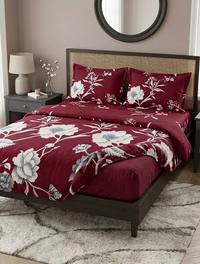 Oil Red Cotton Printed Double Bed Queen Size Elestic Bedsheet