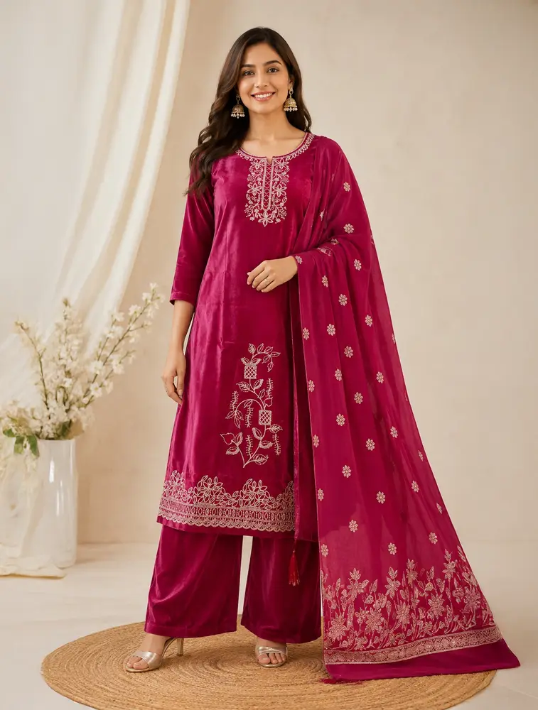 Oil Red Womens printed cotten Kurtha set with Dupatta 