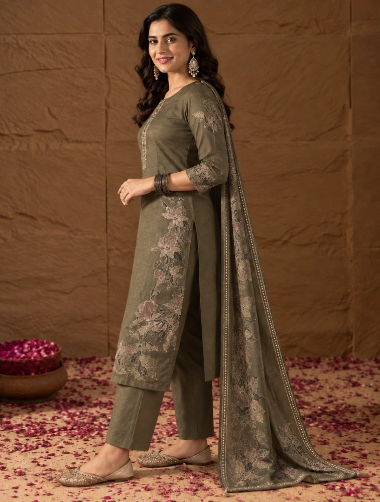 Olive Green  Ethnic  Motifs Yoke Design Straight Embroidered Kurta with Pant and Duppatta Set