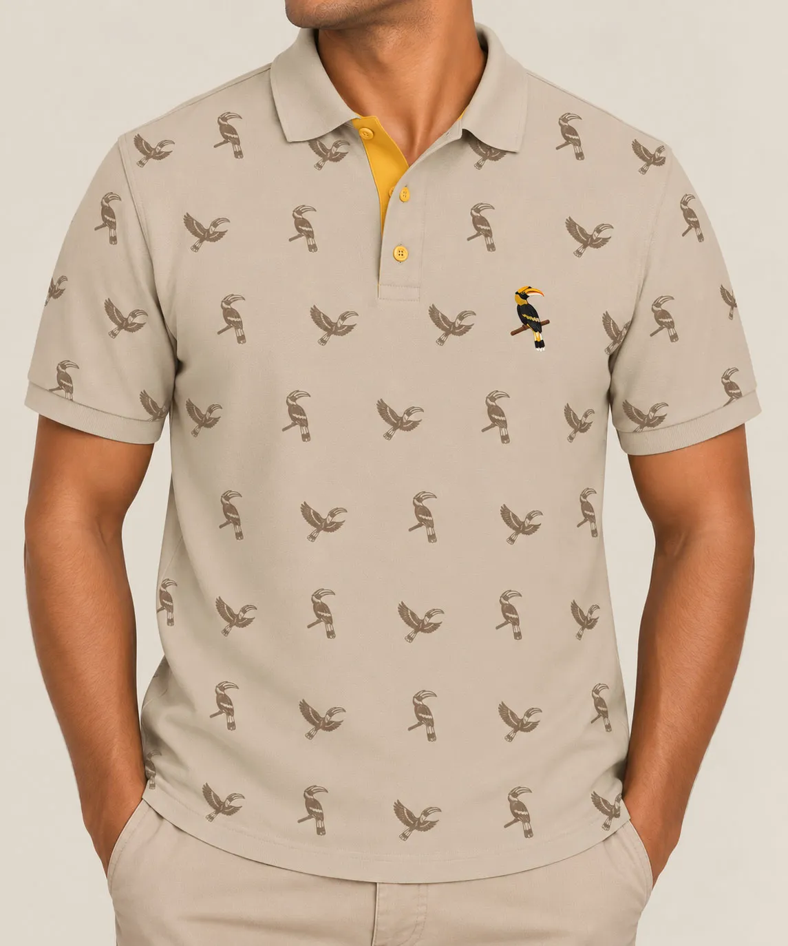 Beige Cotton Single Jersey 240 GSM Polo T Shirt with Contrast Placket Customized Printing