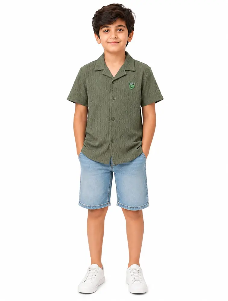 Olive Green Boys Premium Crestline Textured Collared Shirt