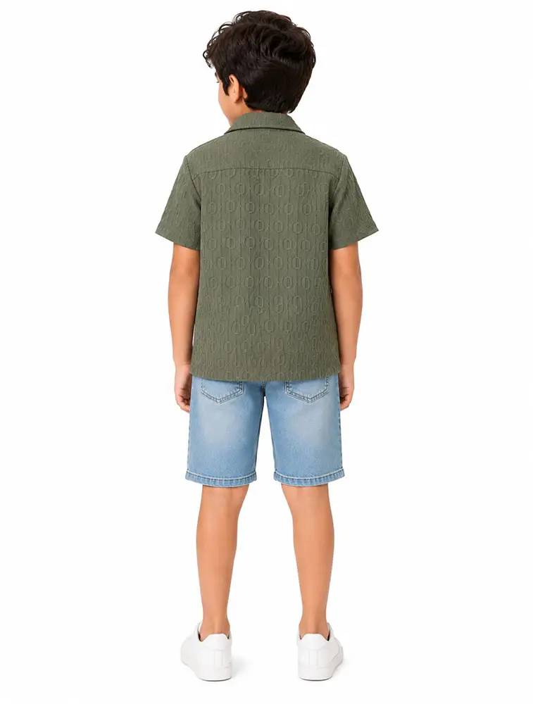 Olive Green Boys Premium Crestline Textured Collared Shirt