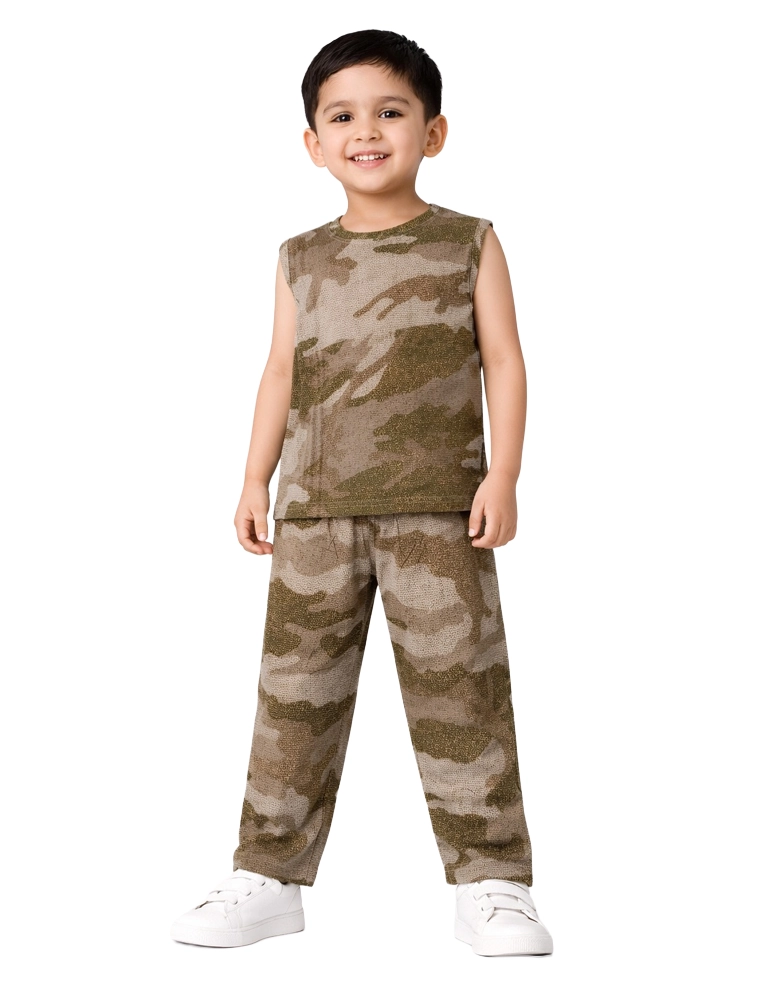 Olive Green Boys Printed Lounge Sets