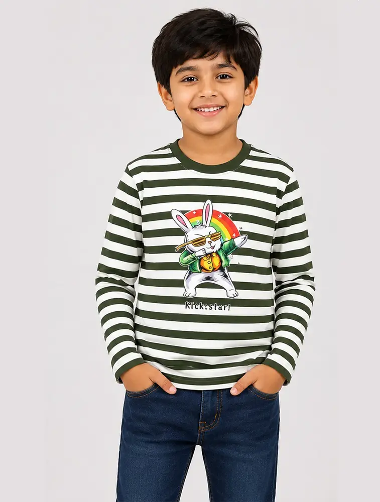 Olive Green Boys Round Neck Printed T Shirt