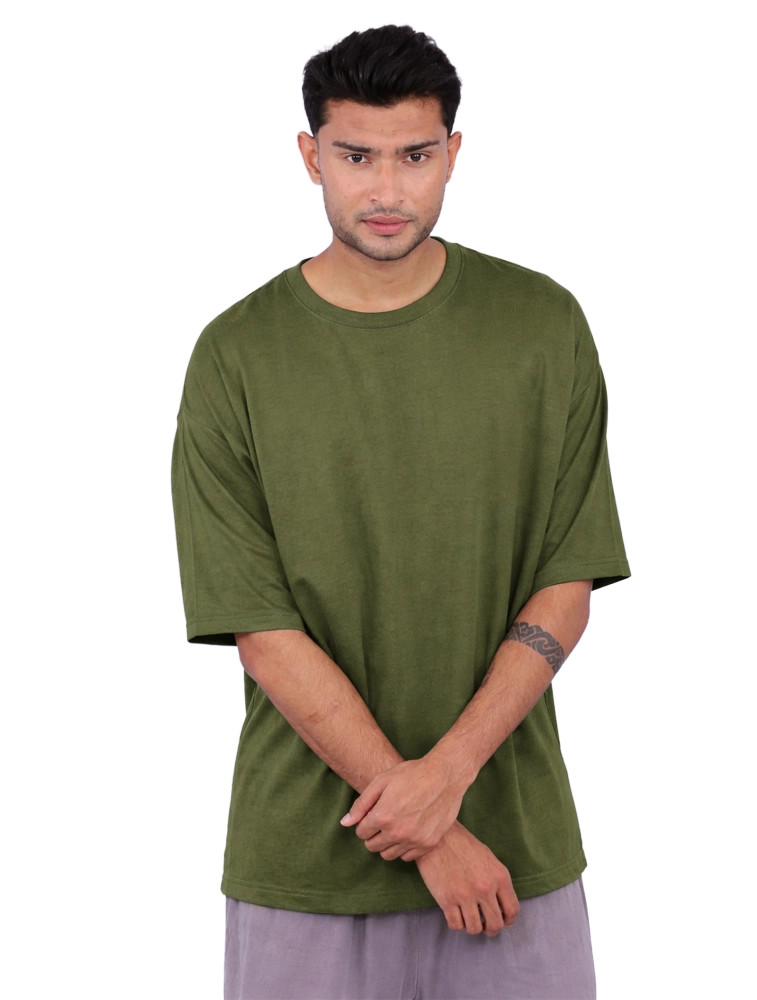 Olive Green Cotton French Terry 240 GSM Oversize Round Neck T Shirt with Neck and Sleeve Label