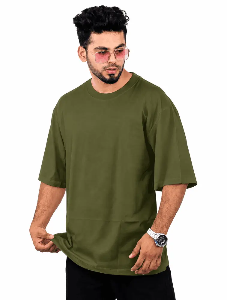 Olive Green Cotton Oversize 220GSM Round Neck Tshirt