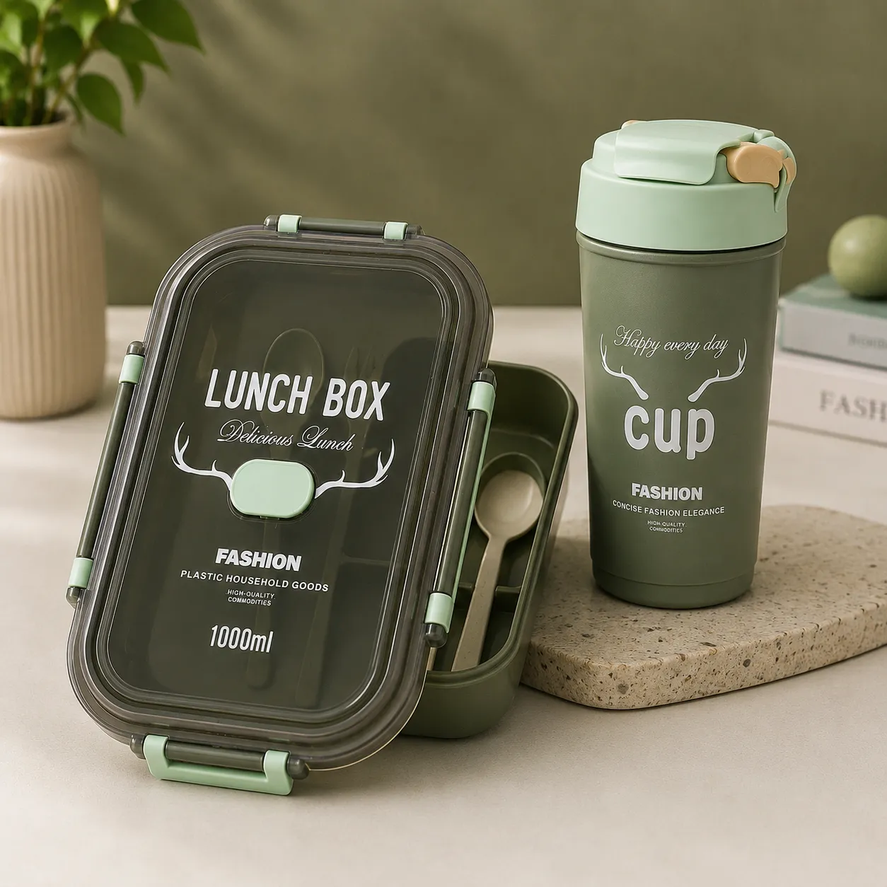Olive Green Fresh Premium Meal Lunch Box And Sipper Bottle Combo Set