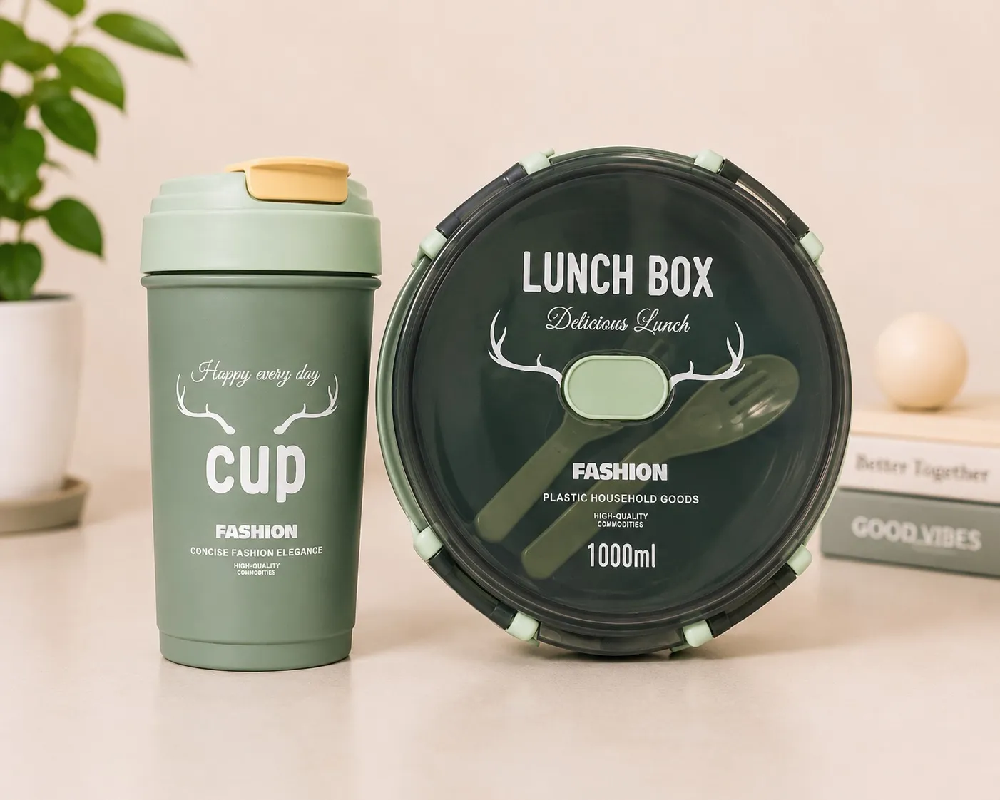 Olive Green Fresh Round Premium Meal Lunch Box And Sipper Bottle Combo Set