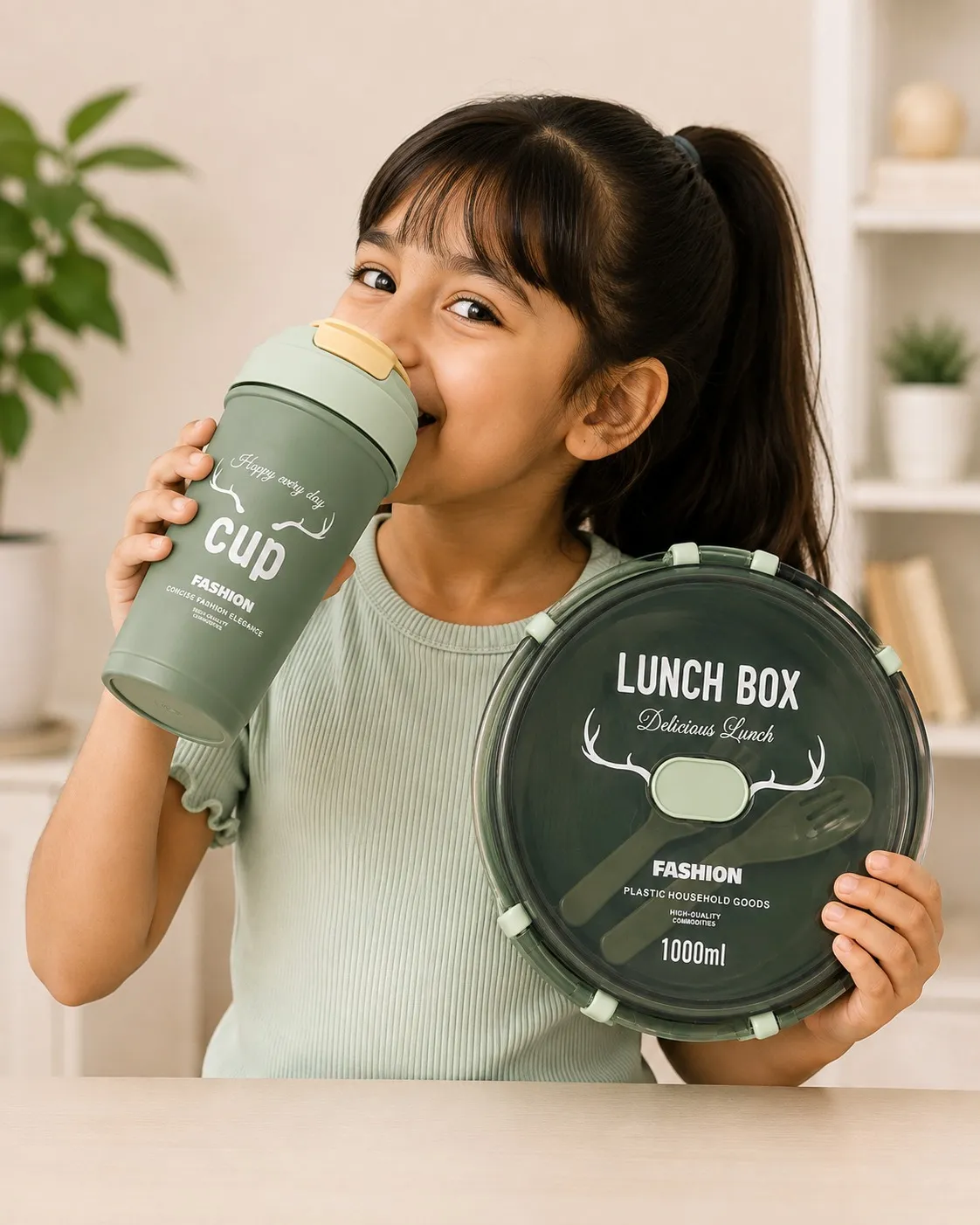 Olive Green Fresh Round Premium Meal Lunch Box And Sipper Bottle Combo Set 