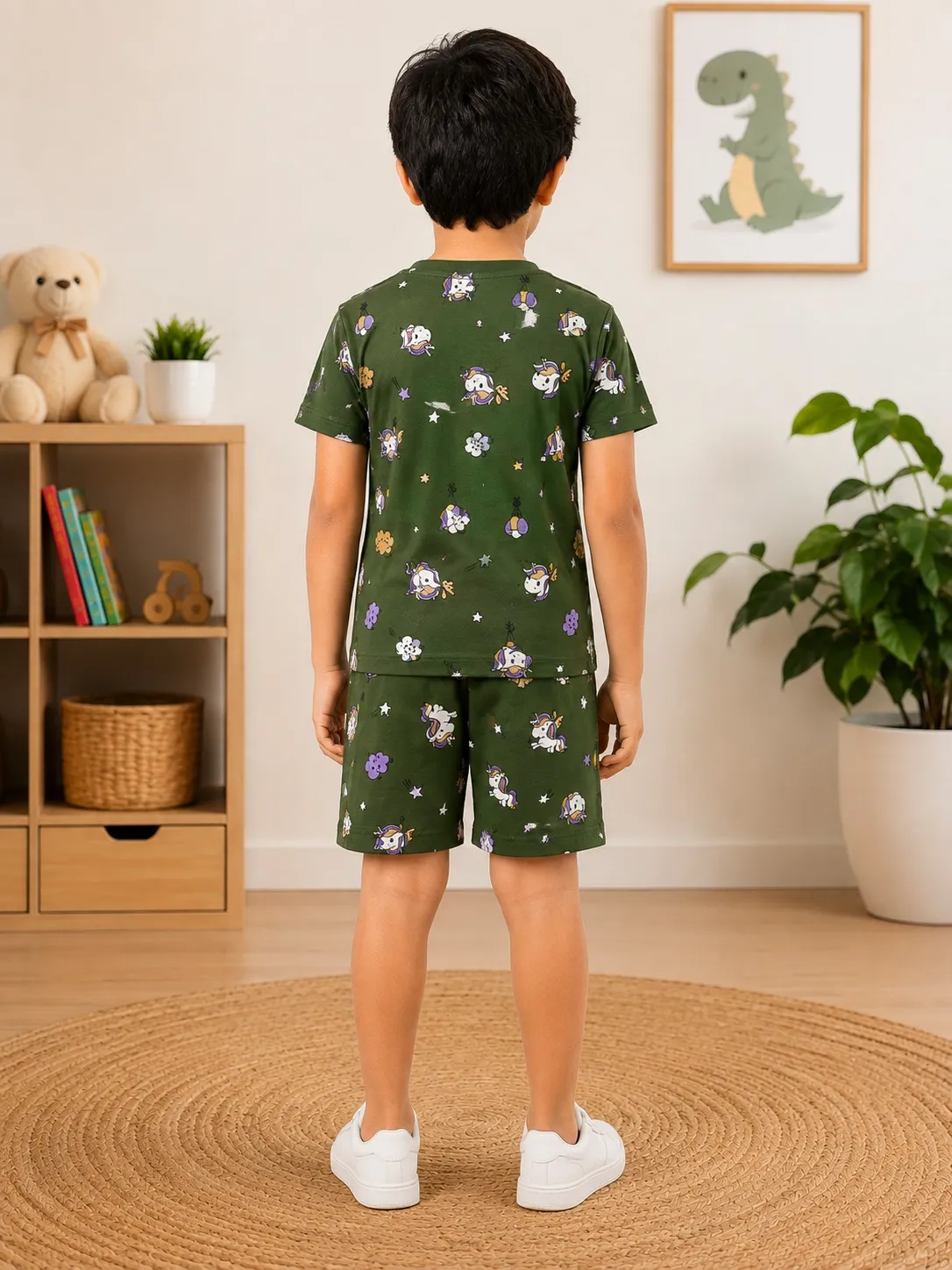 Olive Green Kids Premium Printed T Shirt and Shorts Set