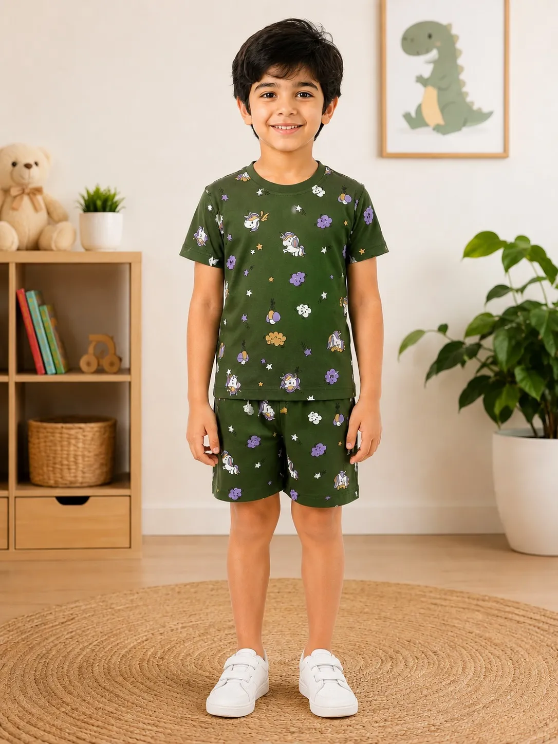 Olive Green Kids Premium Printed T Shirt and Shorts Set