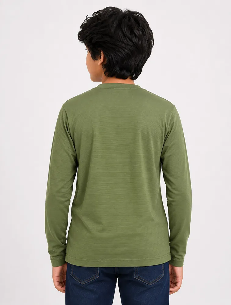 Olive Green Kids Premium Solid Printed Round Full Sleeve T Shirt