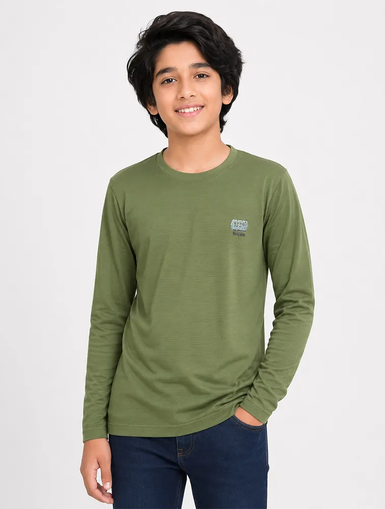 Olive Green Kids Premium Solid Printed Round Full Sleeve T Shirt 