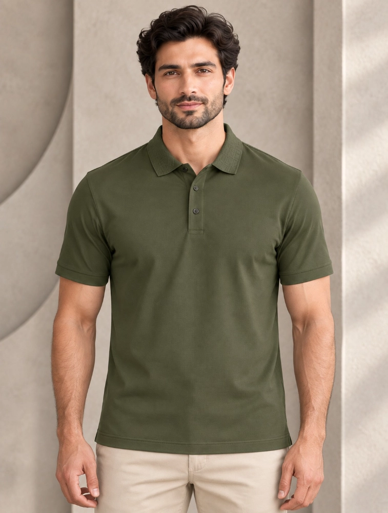 Olive Green Mens Premium Eco Blend 240 GSM Polo T Shirt With White Jacquard Collor With Contrast Tipping