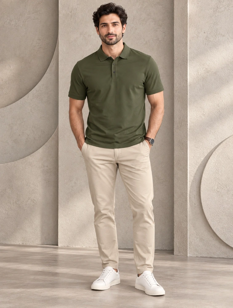 Olive Green Mens Premium Eco Blend 240 GSM Polo T Shirt With White Jacquard Collor With Contrast Tipping