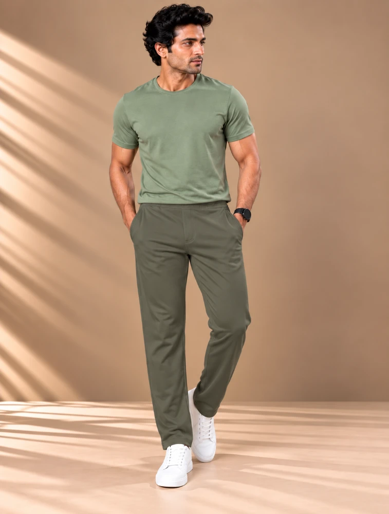 Olive Green Oreas Mens Peanut Fabric Comfort Stretch Trousers 