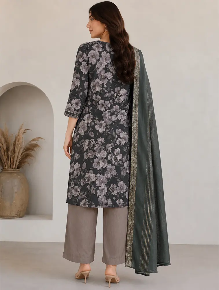 Olive Green Womens Floral Printed Rayon Fabric Kurtha Set With Dupatta — bulk from ₹1066