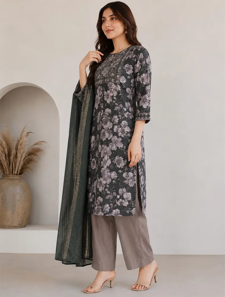 Olive Green Womens Floral Printed Rayon Fabric Kurtha Set With Dupatta 