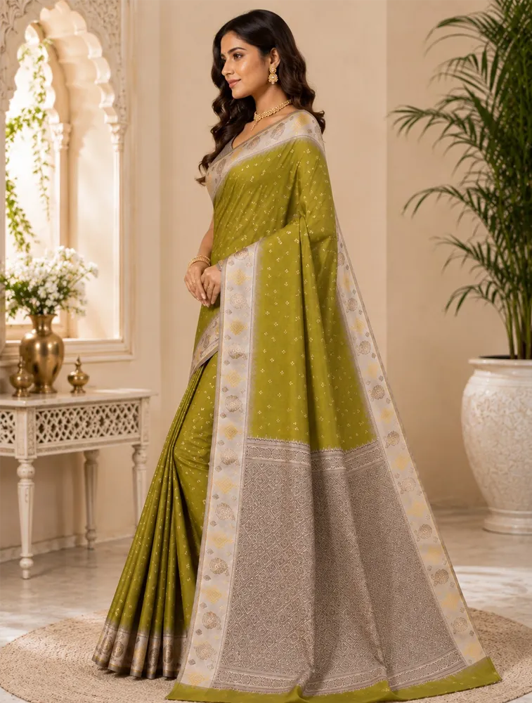 Olive Green Womens Premium Semi Gadwal Saree with Turning Border