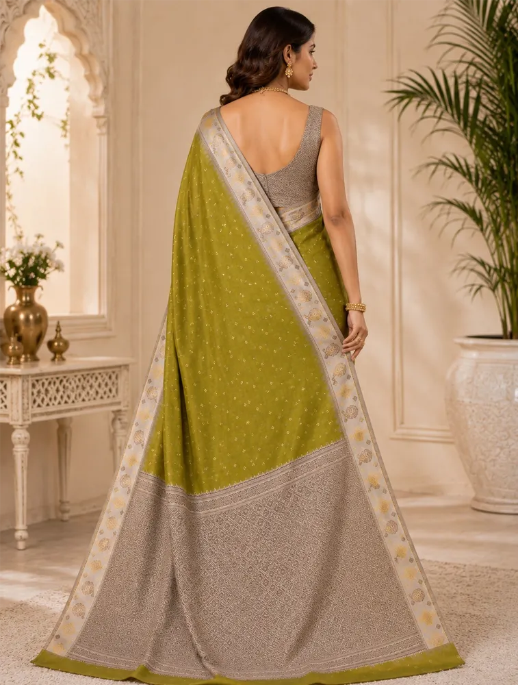 Olive Green Womens Premium Semi Gadwal Saree with Turning Border — bulk from ₹3634