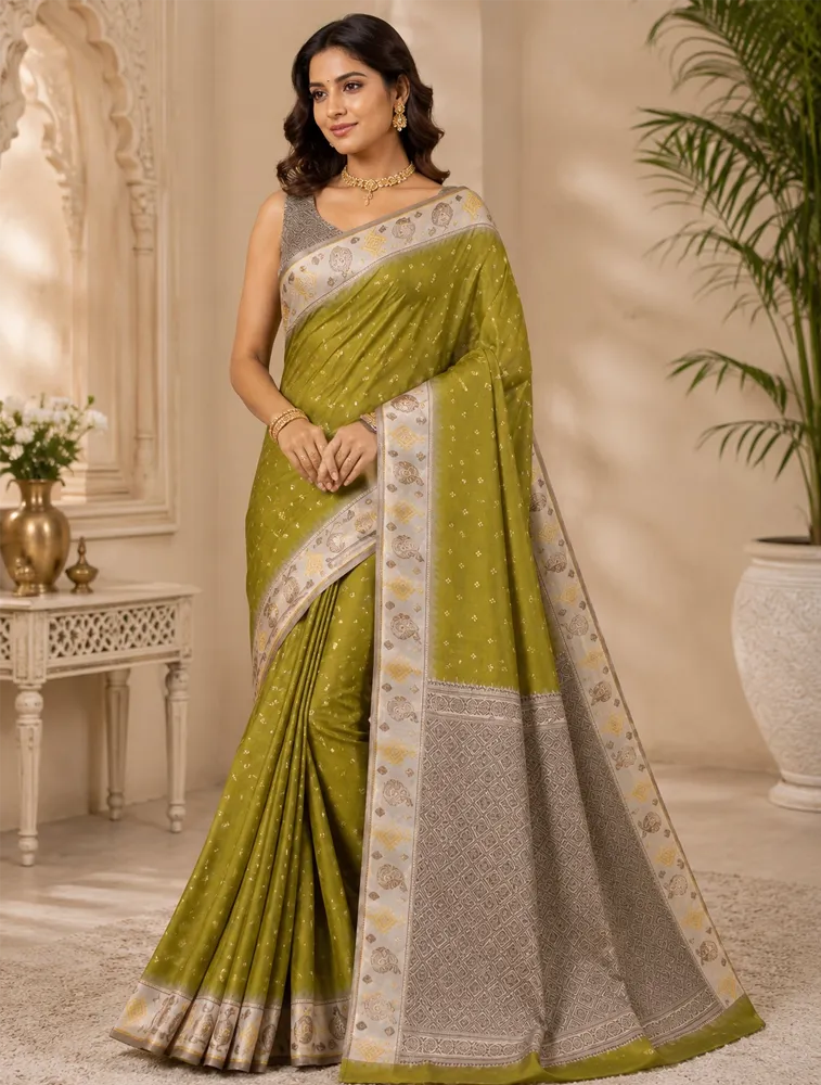 Olive Green Womens Premium Semi Gadwal Saree with Turning Border 