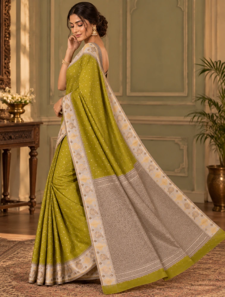 Olive Green Womens Premium Semi Gadwal Saree with Turning Border