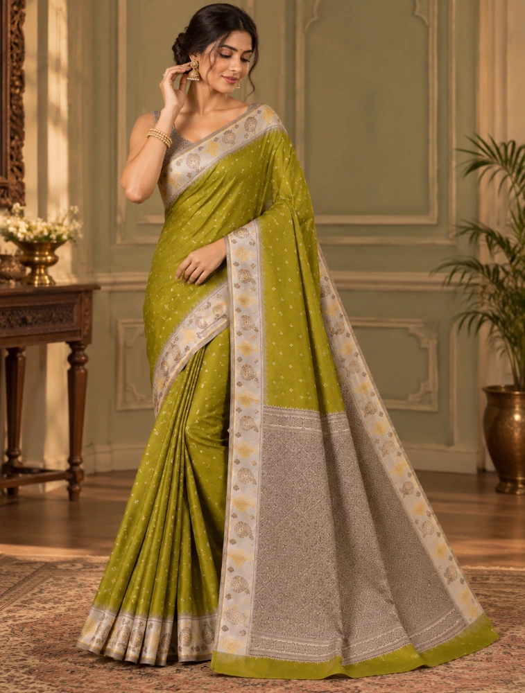 Olive Green Womens Premium Semi Gadwal Saree with Turning Border