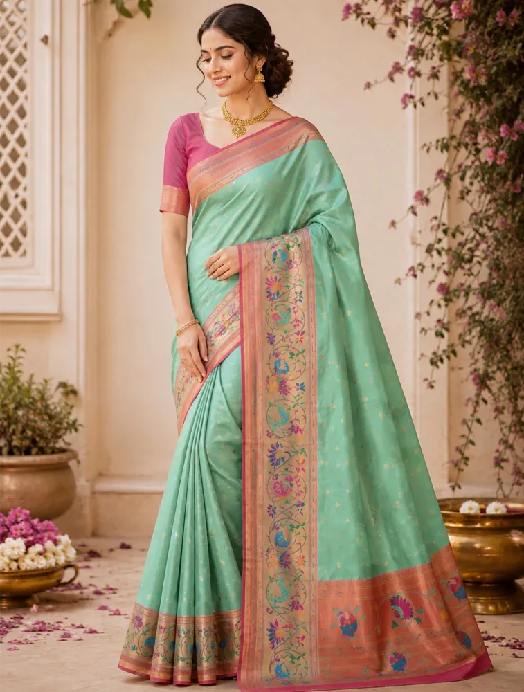 Olive Green Womens Premium Semi Paitani Sarees With Flower Border