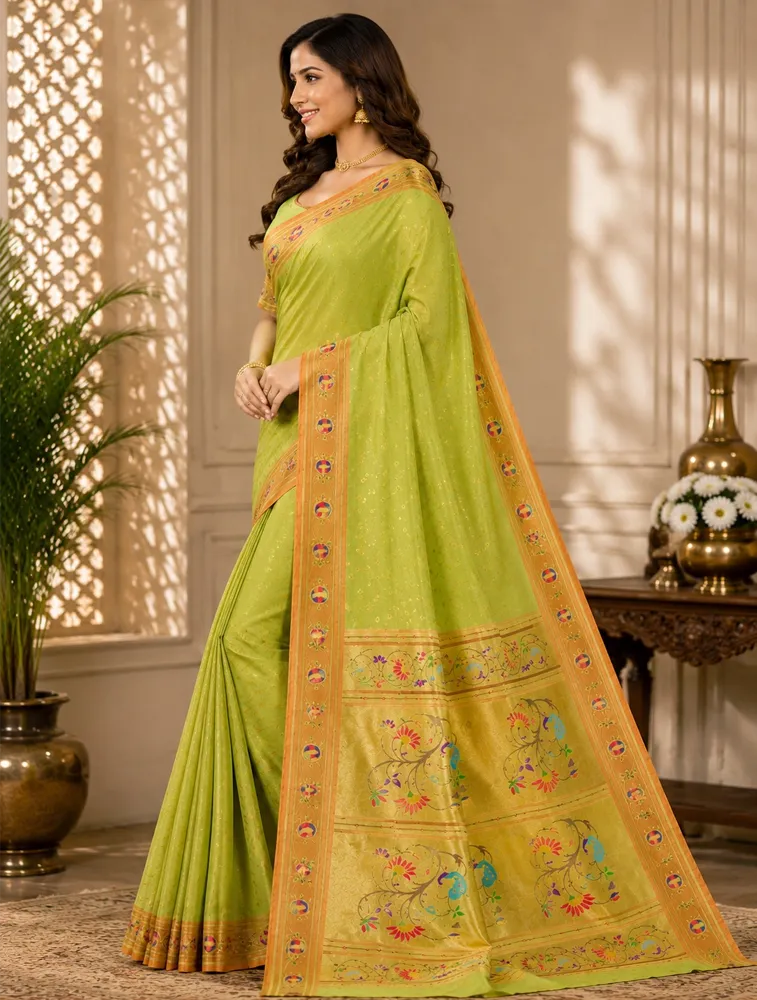 Olive Green Womens Premium Semi Paitani Sarees With Peacock Border