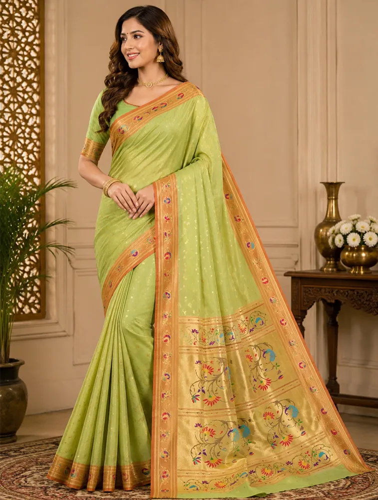 Pistachi Green Womens Premium Semi Paitani Sarees With Peacock Border