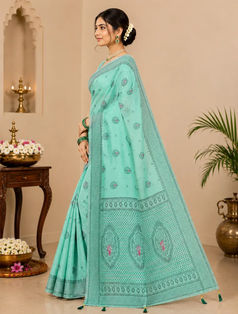 Olive Green Womens Printed Luxury Chittinadu Cotton sarees