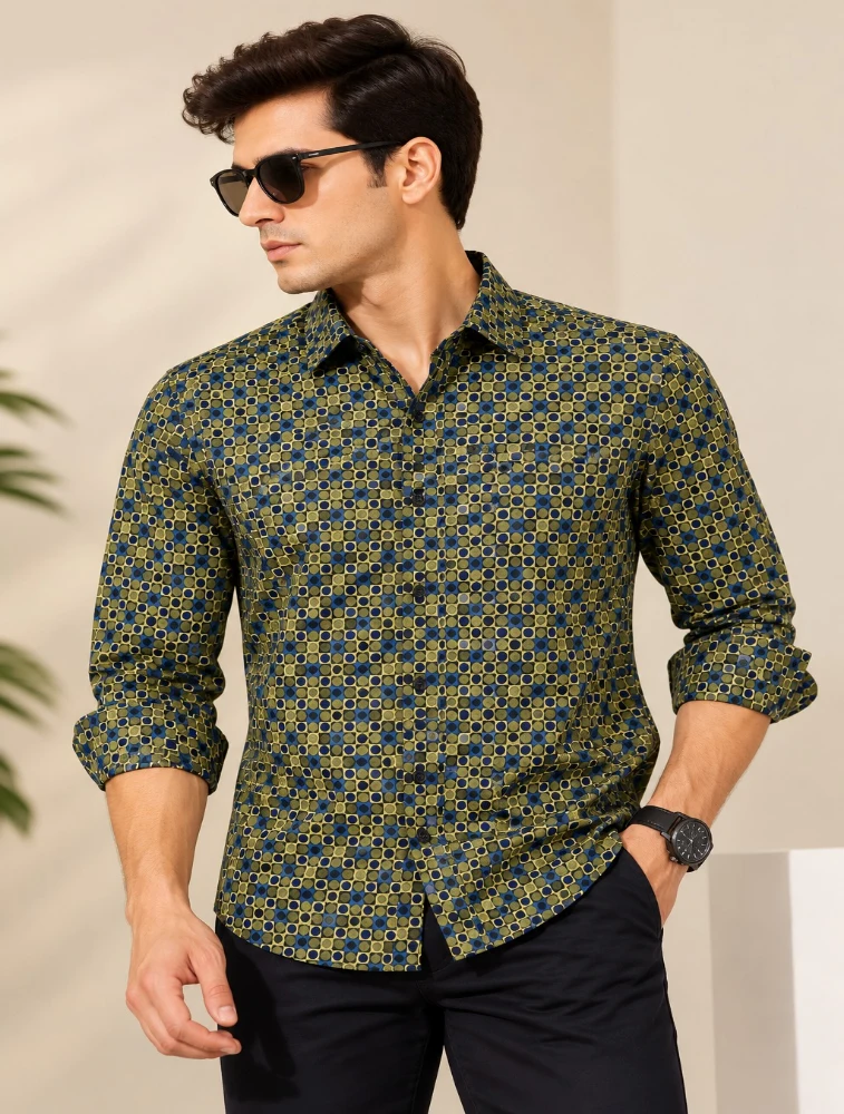 Olive Green and Navy Blue Mens Premium Slim Fit Printed Shirt