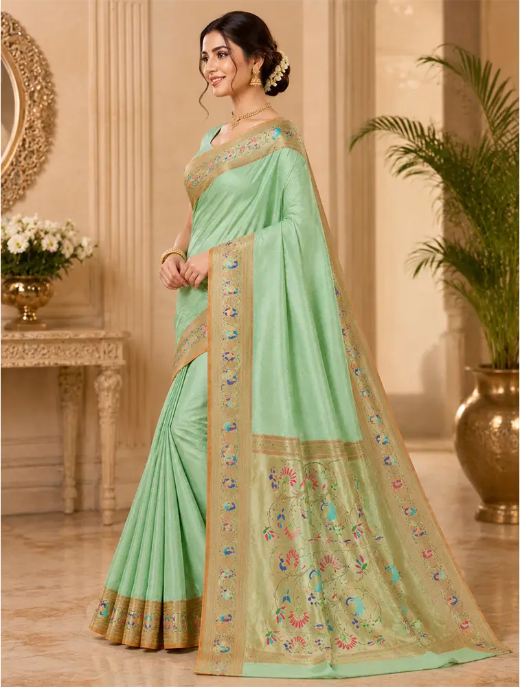 Olive green Womens Premium Semi Paitani Sarees With Flower Border